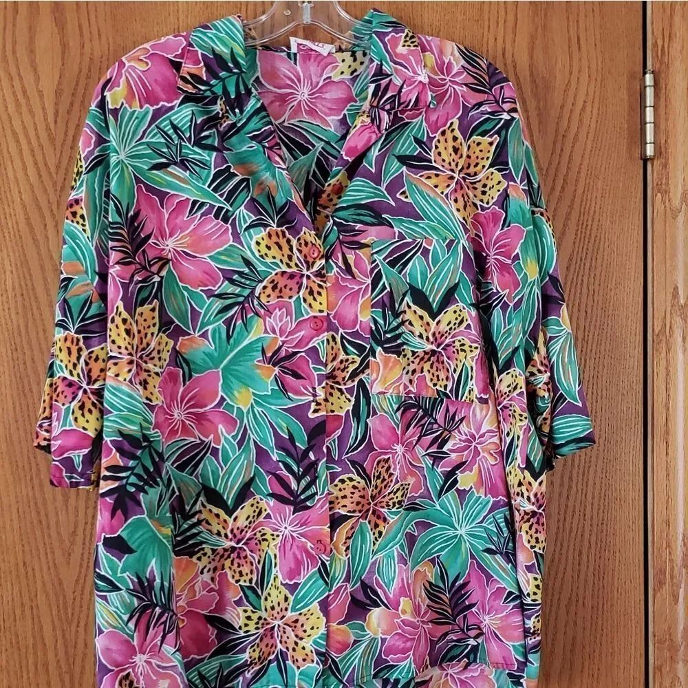 Vintage Ladies TropicalโFloral Button Down Topโ2X